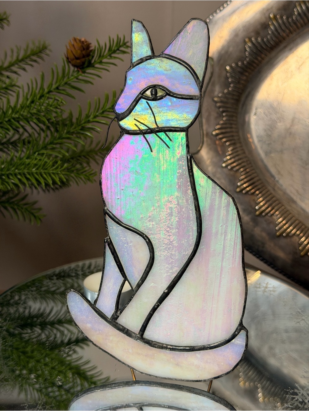 Handmade Stained Glass Sitting Iridescent Stained Glass Cat Suncatcher 8”
